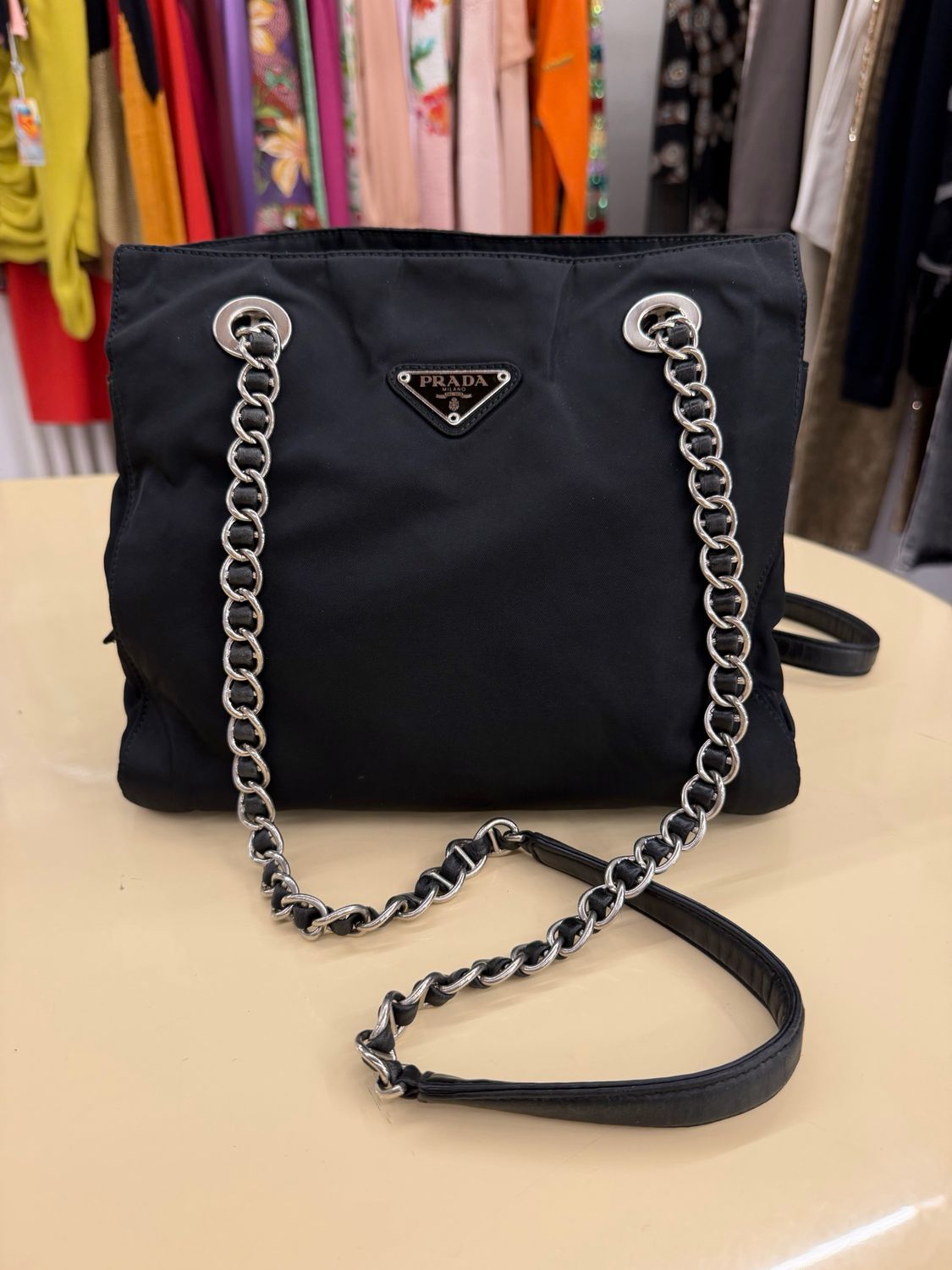 BORSA PRADA NYLON NERO DOPPIA CATENA ARGENTO