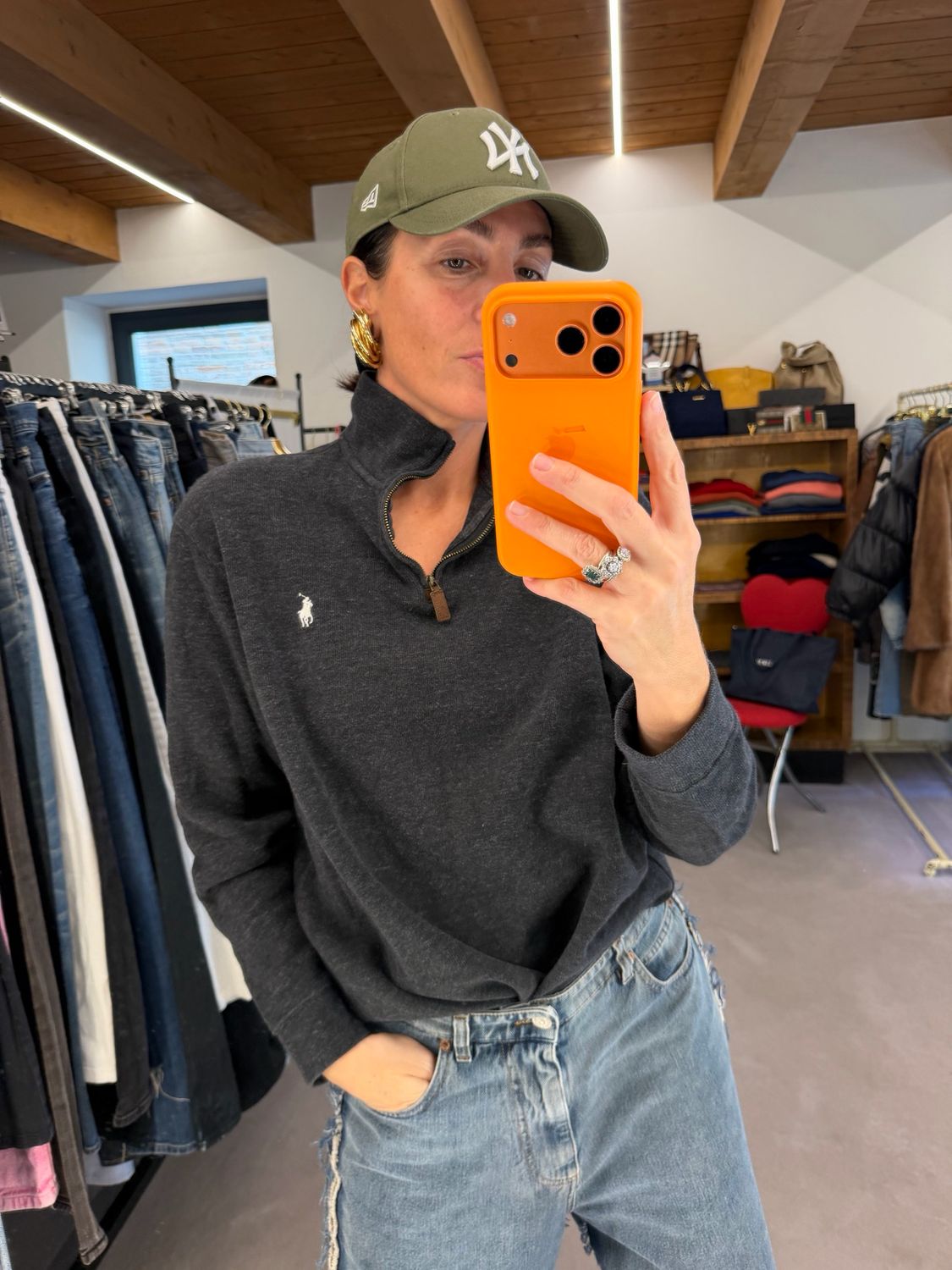 MEZZO COLLO MEZZA ZIP RALPH LAUREN FELPA GRIGIO ANTRACITE CAVALLINO BIANCO TG M
