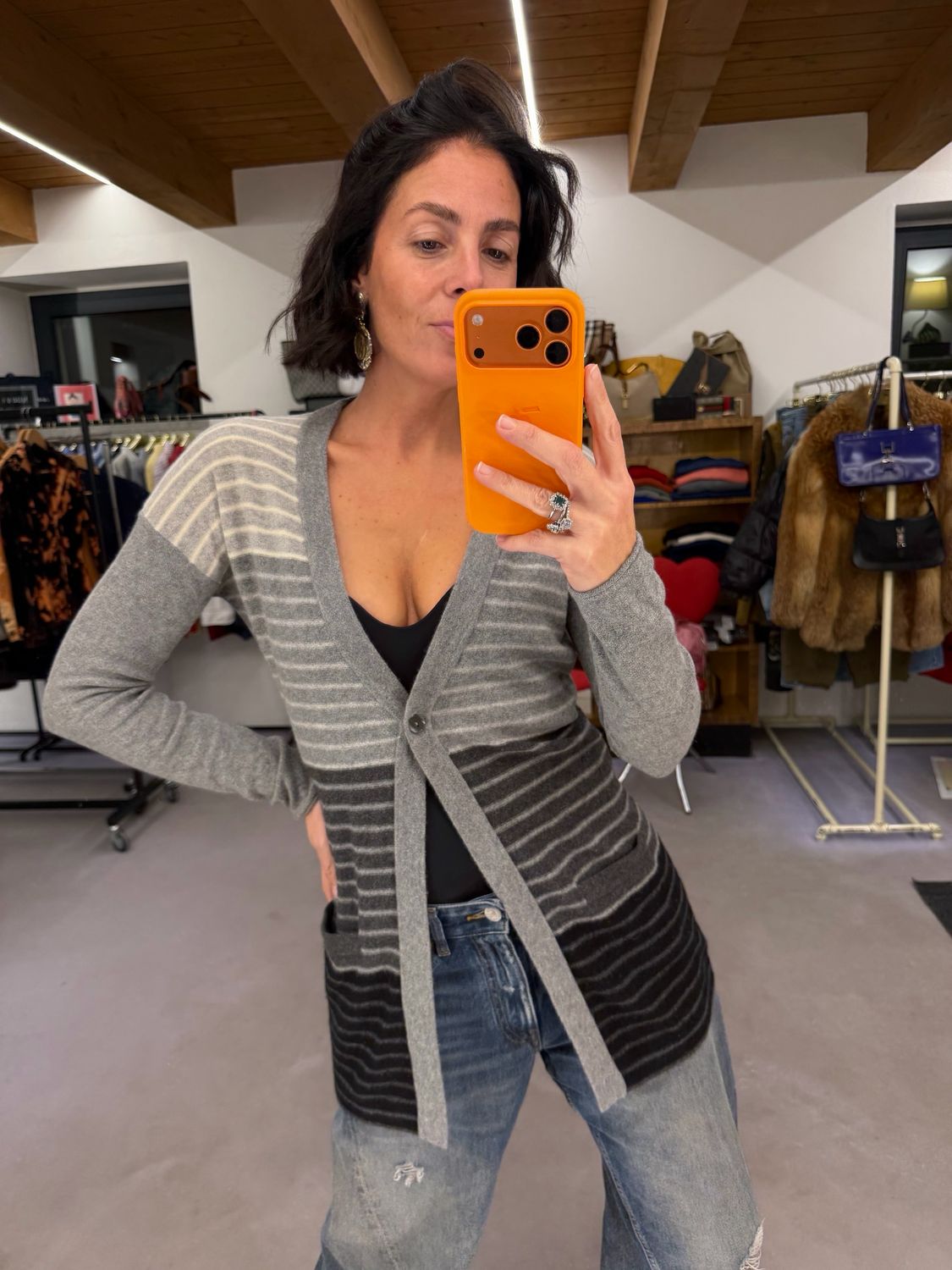 CARDIGAN PURO CASHMERE MONOBOTTONE FANTASIA RIGHE GRIGIO
