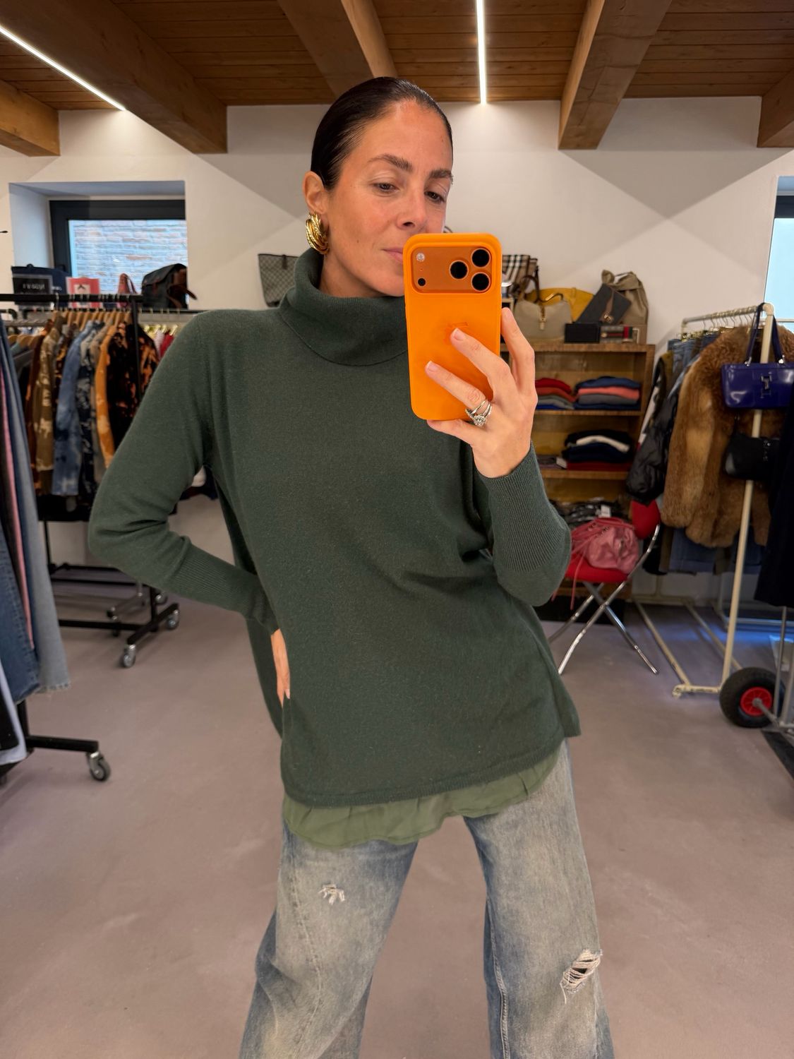 COLLO ALTO PURO CASHMERE VERDE SCURO CON INSERTO VISCOSA TG M 