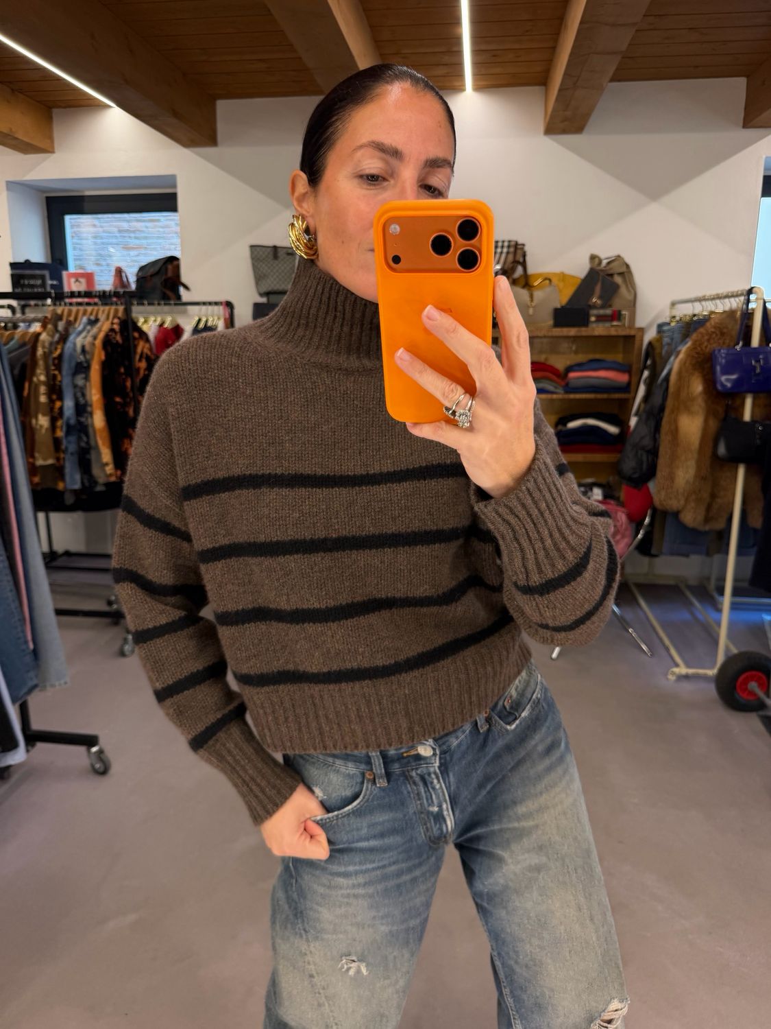 MAGLIONE PURO CASHMERE MEZZO COLLO NOCCIOLA RIGHE TESTA DI MORO TG M 