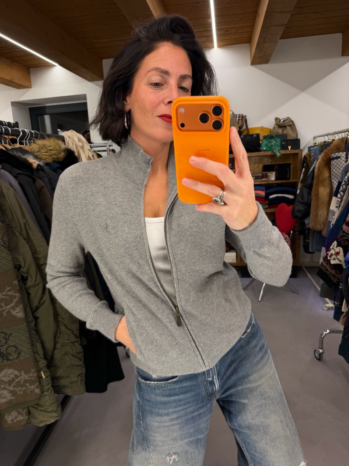 CARDIGAN ZIP E COLLO ALTO RALPH LAUREN GRIGIO CHIARO MÉLANGE 