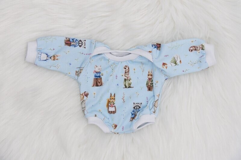 Puppen Baby Body || blau mit Waldtieren || für Puppen zwischen 45 und 50 cm