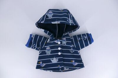 Puppen Softshell Jacke mit Kapuze || Dunkelblaue Regenjacken mit maritimem Muster || für Puppen zwischen 40 und 50 cm