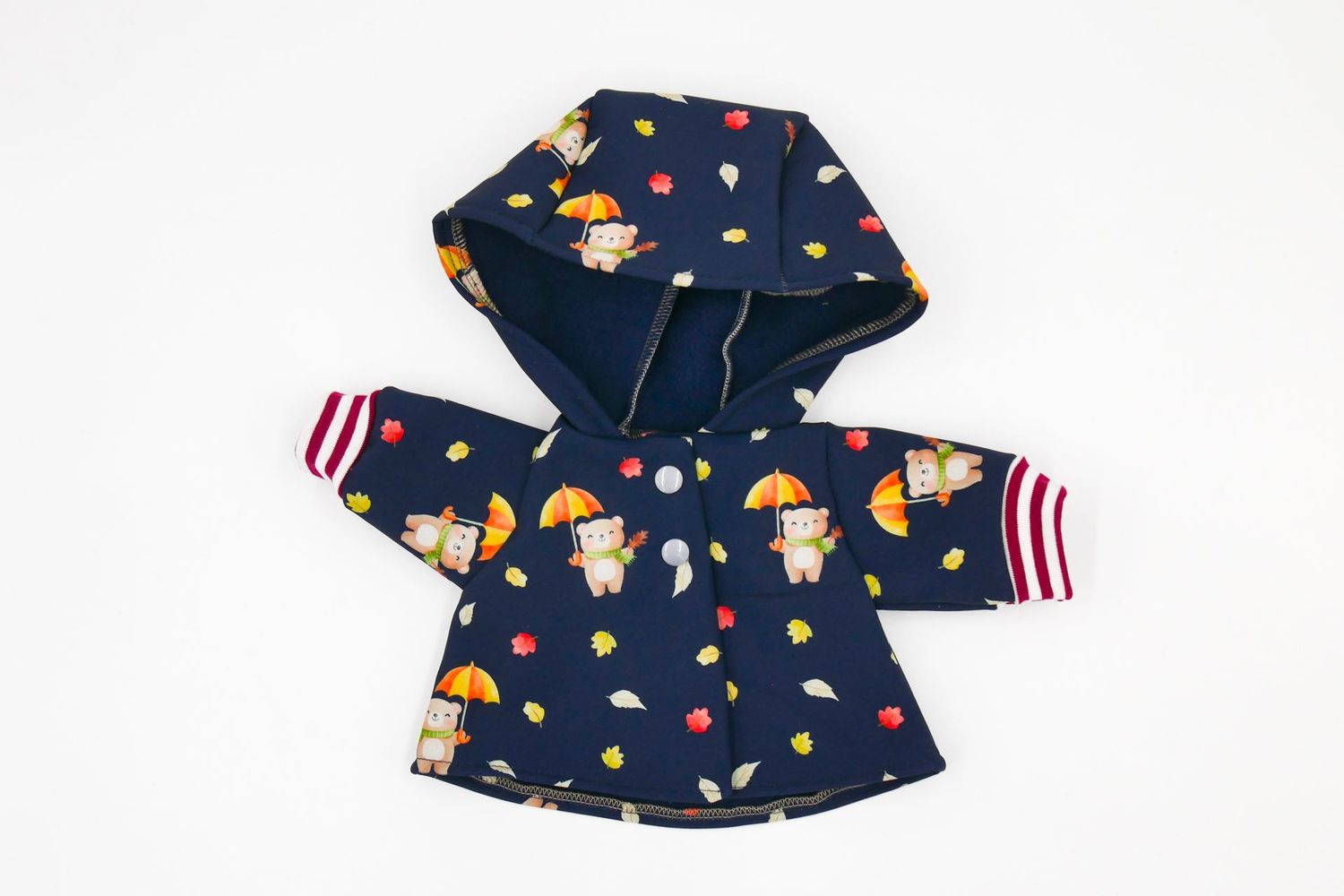 Puppen Softshell Jacke mit Kapuze || Dunkelblaue Regenjacken mit bunten Bären || für Puppen zwischen 40 und 50 cm