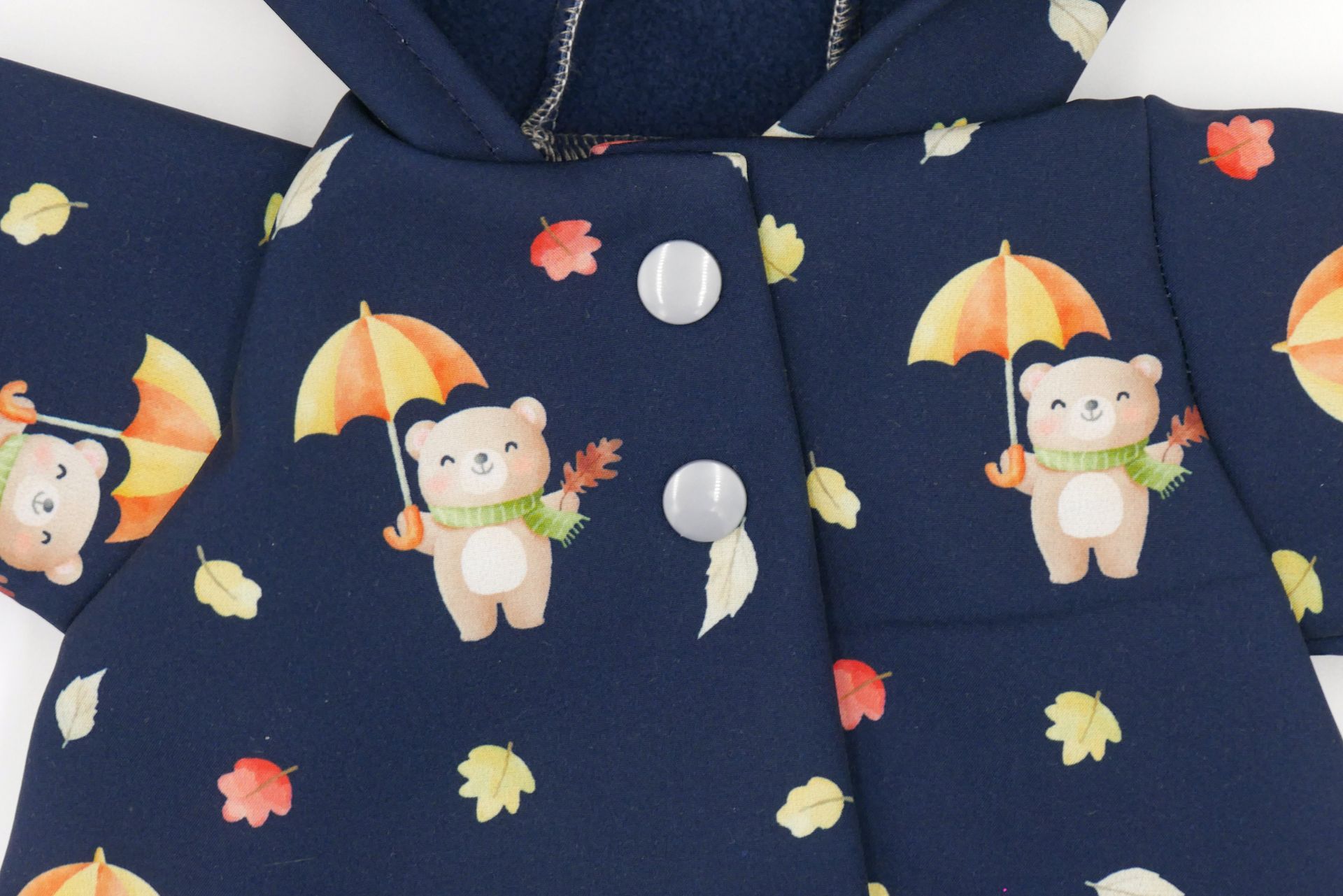 Puppen Softshell Jacke mit Kapuze || Dunkelblaue Regenjacken mit bunten Bären || für Puppen zwischen 40 und 50 cm
