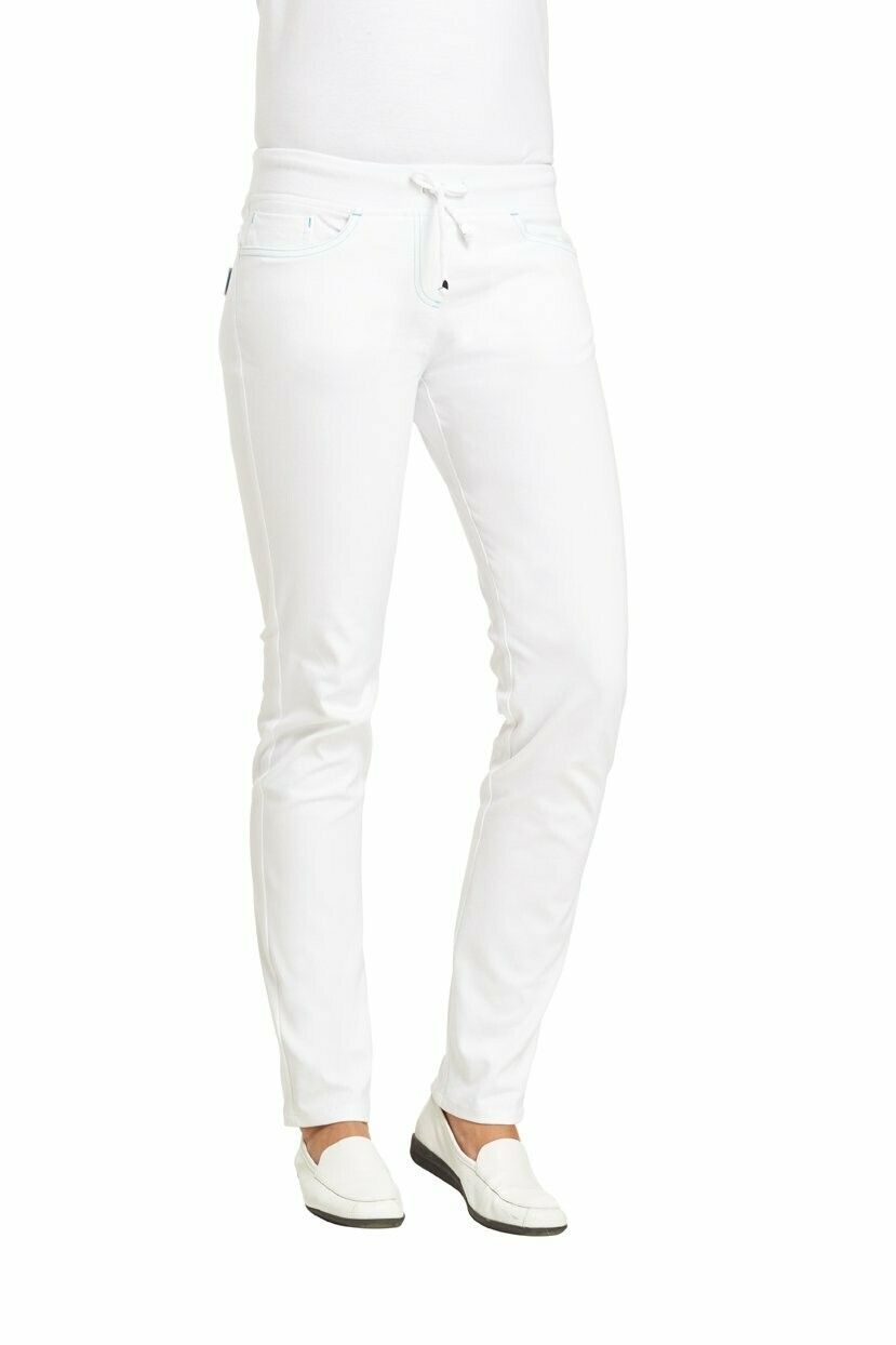 Damenhose elastischer Strickbund, schmaler Schnitt, Kontrastnaht: Grundfarbe weiß, Kontrastnaht türkis
