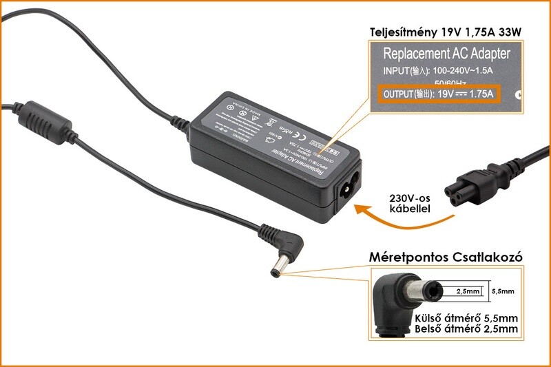 ASUS 19v 1,75A 33W 5.5/2.5 utángy. Ultra Power NB töltő
