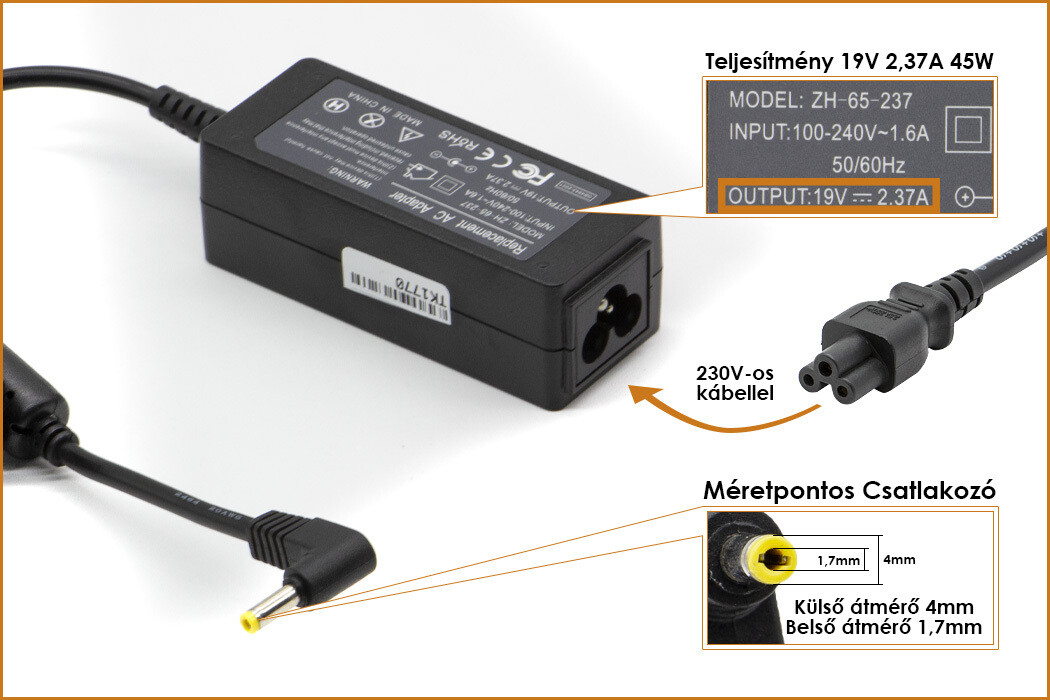 Asus 45W utángy. 1.7/4mm NB töltő
