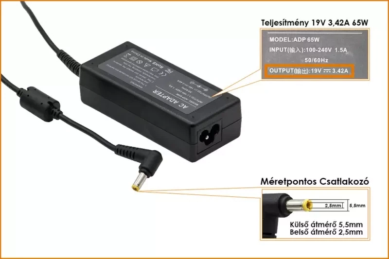 Asus 19V 3,42A 65W 4mm/1,35mm utángy. NB töltő