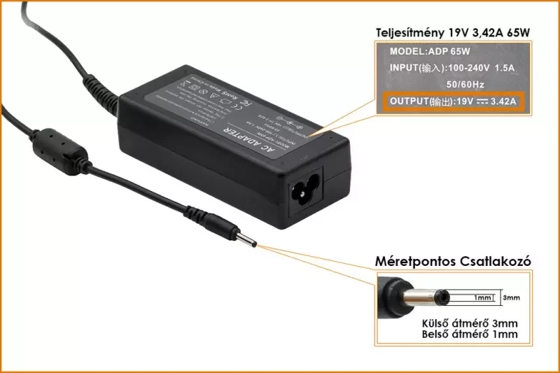 Acer PA-1650 AC adapter 19V 3,42A 65W 3mm/1mm utángy. NB töltő