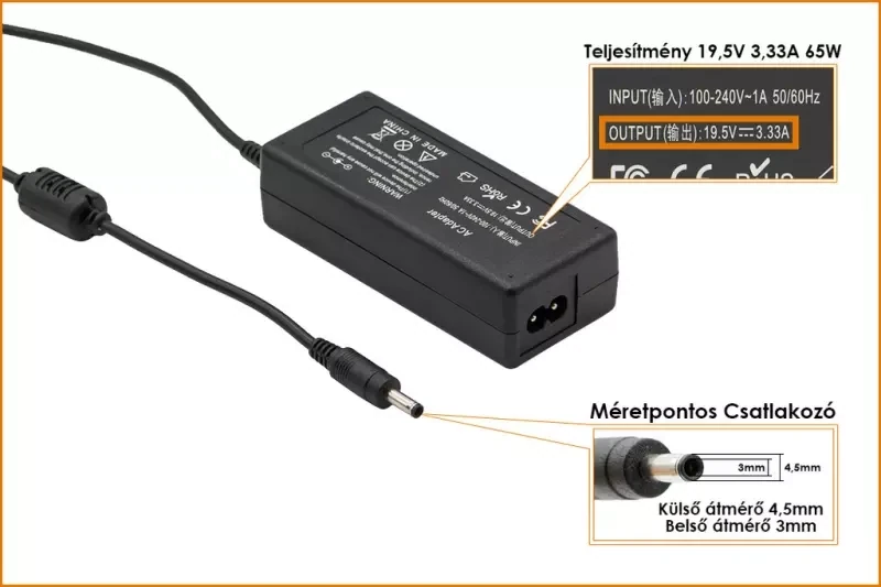 HP 19,5V 3,33A 65W vék.cent. utángy. (4,5mm x 3mm) NB töltő