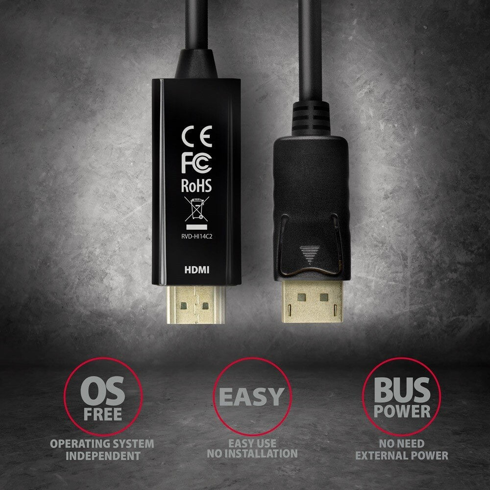 Axagon RVD-HI14C2 Displayport-&gt;HDMI 1,8m aktív 4K@30Hz kábel