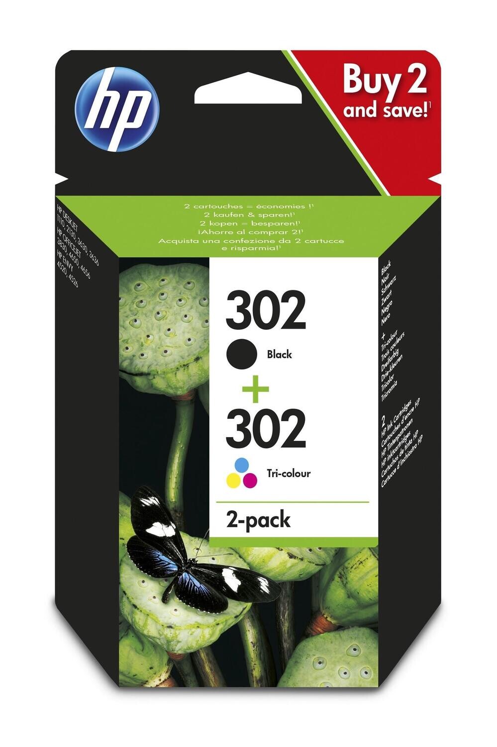 HP 302 - 2-pack - black, dye-based tricolor - original - ink cartridge