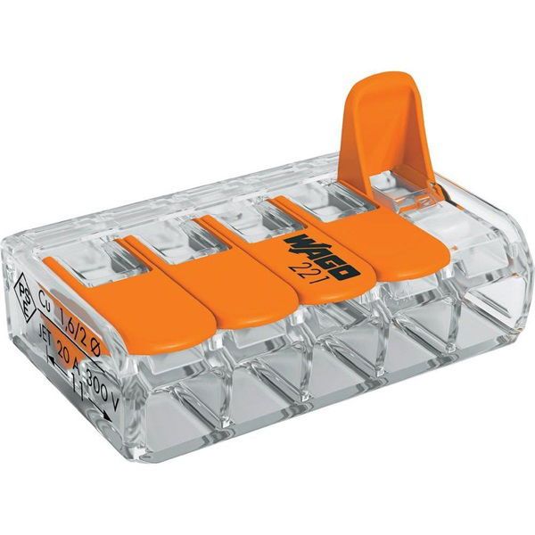 WAGO 221-615 15db/csomag 41A/450V leágazás 5x 0,5-6mm2 átlátszó vezetékösszekötő