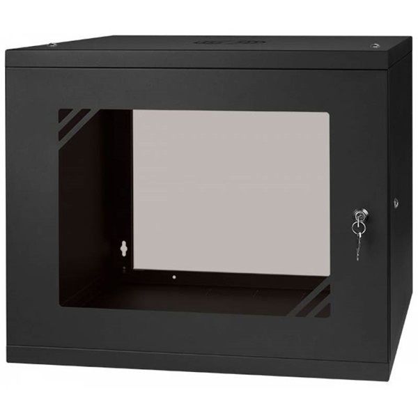 Stalflex RC19-9U-450GB 19&quot; 9U 450 mm mély lapraszerelt fekete üveg ajtós fali rack szekrény