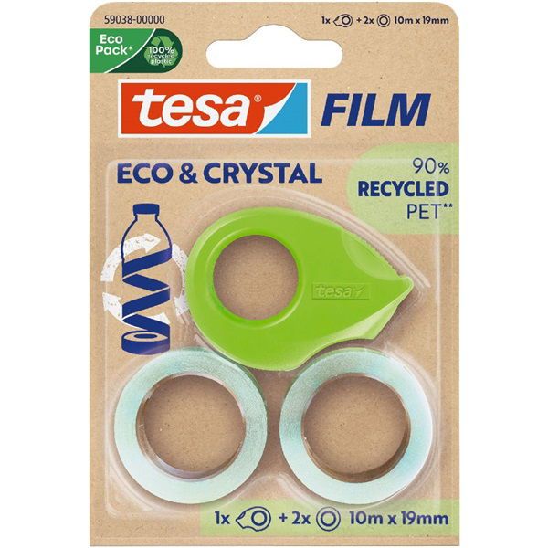 Ragasztószalag 19mmx10m irodai újrahasznosított 2 db víztiszta szalag+adagoló Tesa Eco &amp; Crystal