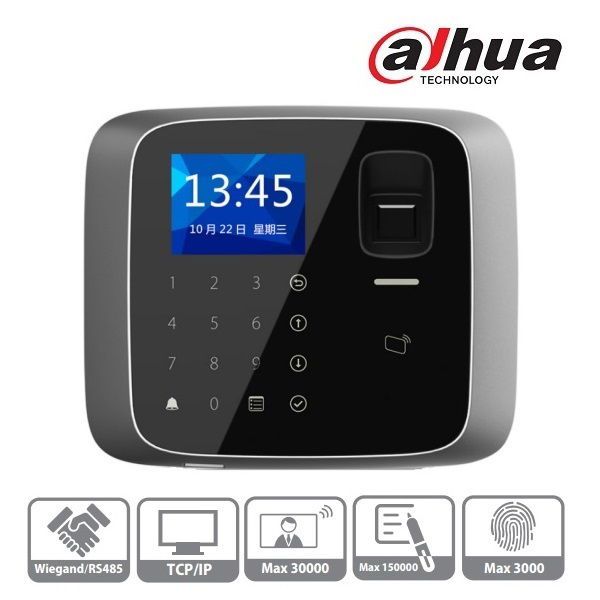 Dahua ASI1212A(V2) 2,4&quot;TFT, RFID(13,56MHz)+kód+ujjlenyomat, RS-485/Wiegand/RJ45, I/O, IP55 beléptető vezérlő