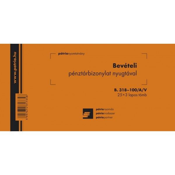 B.318-100/A/V 25x3 &quot;Bevételi pénztárbizonylat nyugtával&quot; nyomtatvány