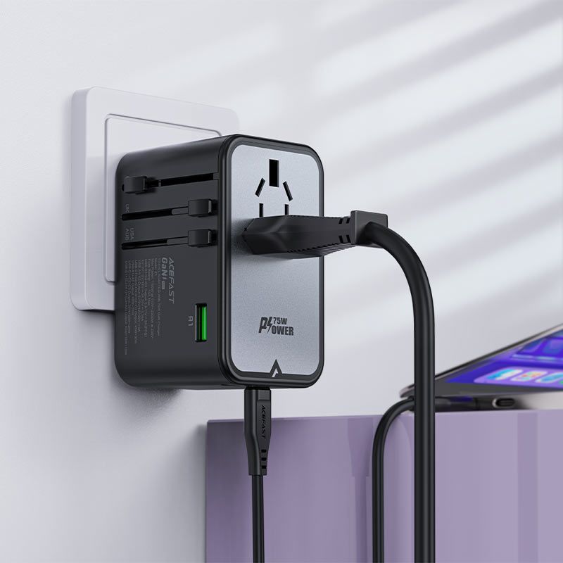 Acefast Z1 PD75W GaN multifunkciós utazó töltő adapter2300W 3xUSB-C+2xUSB-A EU / US / UK / AU