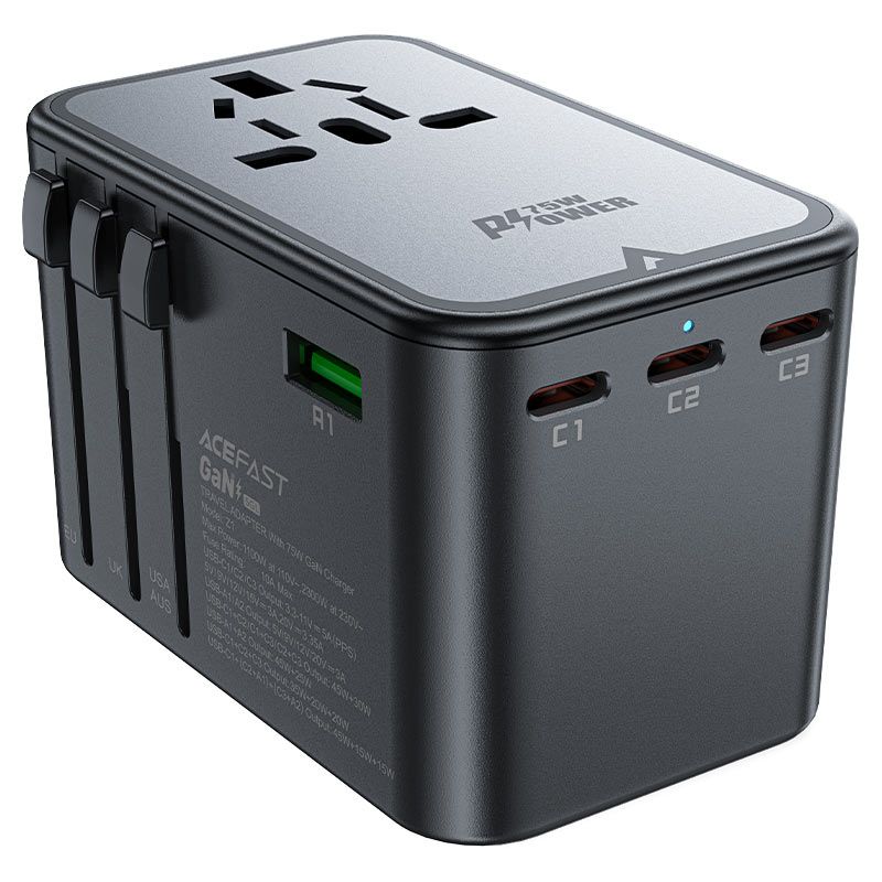Acefast Z1 PD75W GaN multifunkciós utazó töltő adapter2300W 3xUSB-C+2xUSB-A EU / US / UK / AU