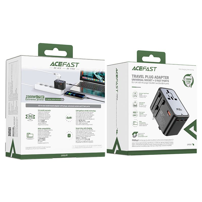 Acefast Z1 PD75W GaN multifunkciós utazó töltő adapter2300W 3xUSB-C+2xUSB-A EU / US / UK / AU