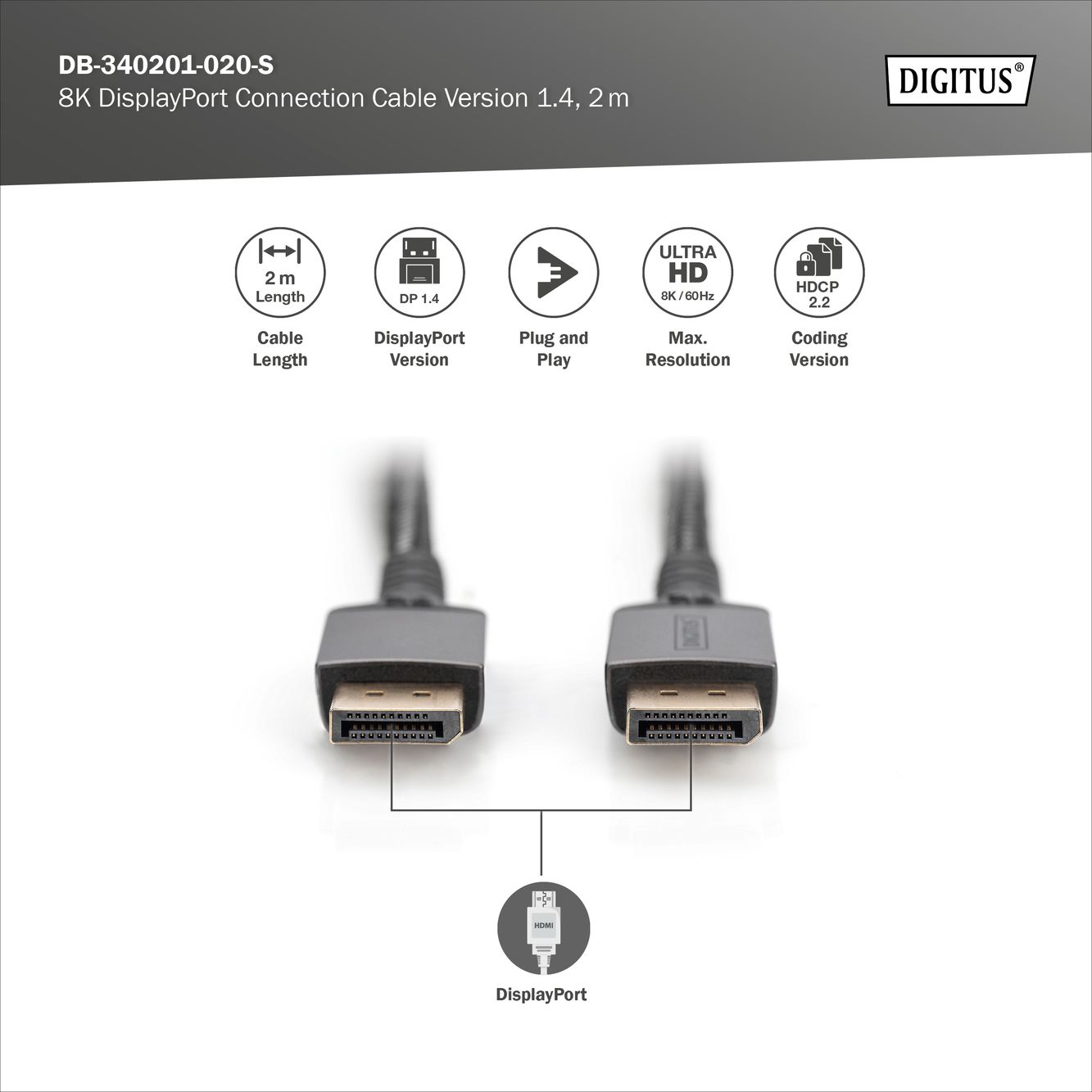 Digitus DB-340201-020-S 8K DisplayPort 2m kábel
