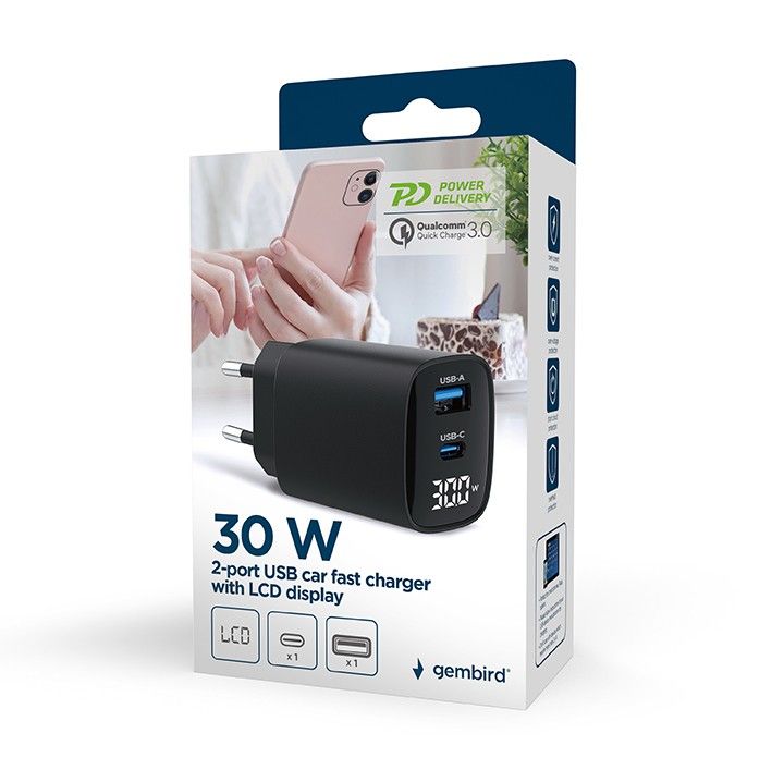 Gembird TA-UC-PDQC30LCD-BK-01 30W 1xUSB-C/1xUSB3.0 hálózati gyorstöltő