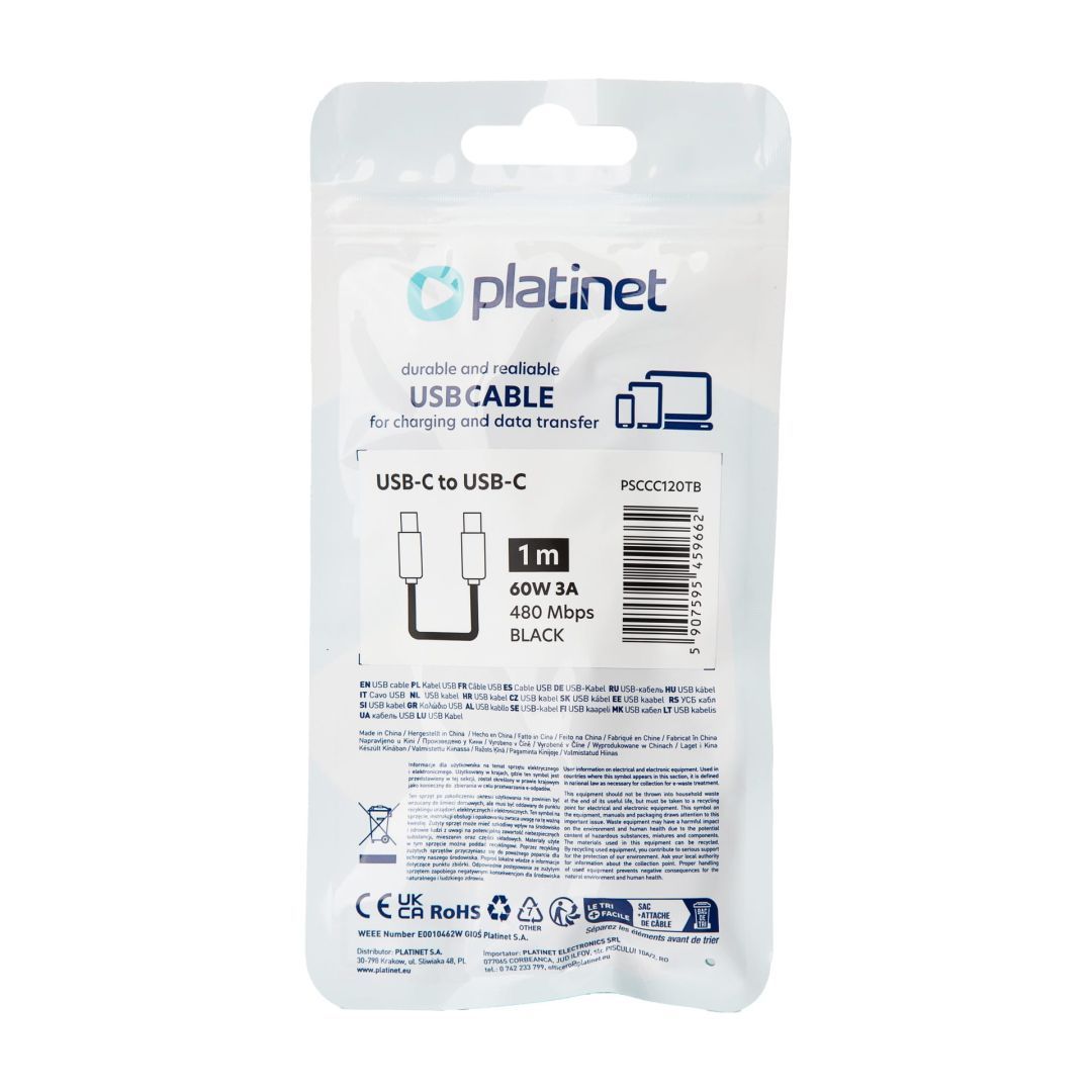 Platinet PSCCC120TB USB-C - USB-C 1m fekete kábel (480Mb/s/3A/60W)