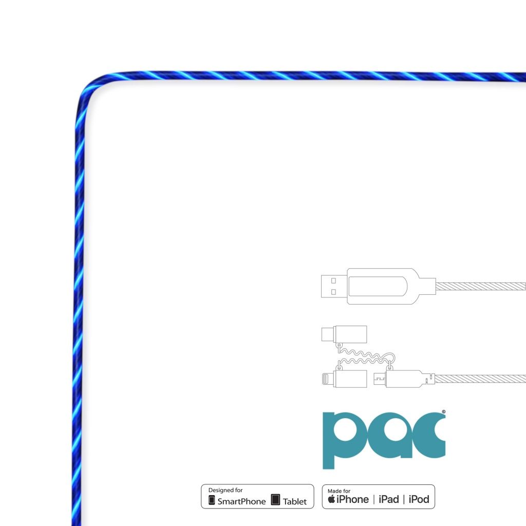 PAC Intelligent Power Flow Charge &amp; Sync Cable 3in1, Lightning/USB-C/Micro USB to USB, 1m - Blue