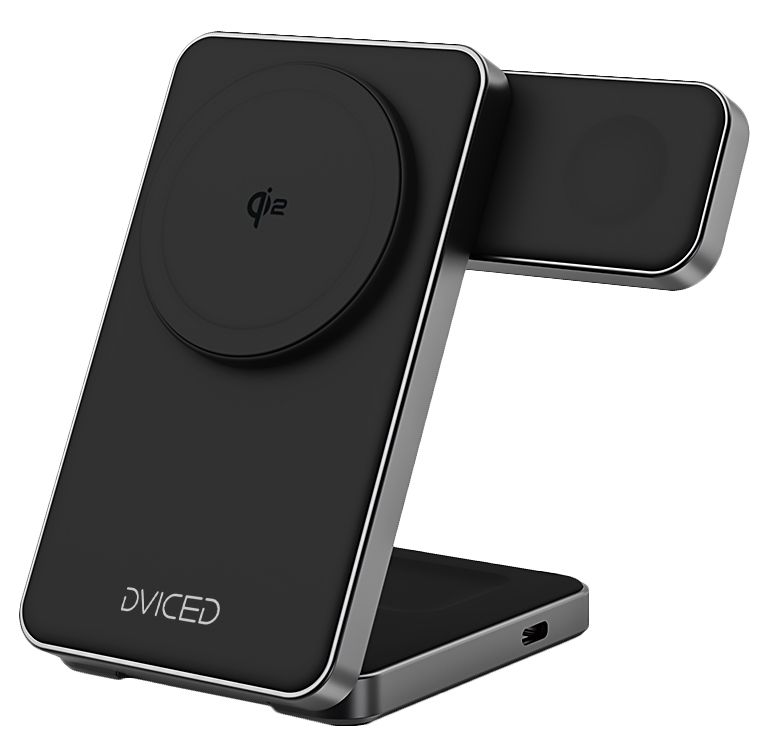 Dviced 3-in-1 Foldable Qi2 magnetic wireless charger stand w cable, wall charger - Black