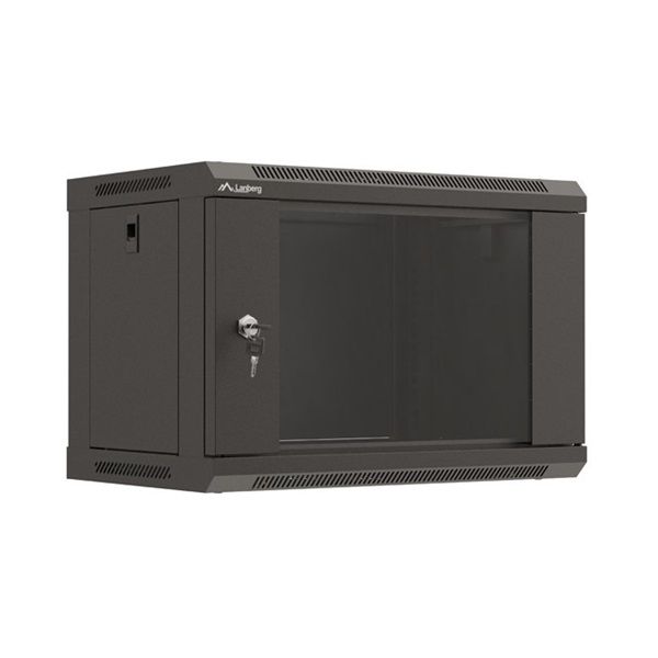 Lanberg WF03-5306-10B 19" 6U SZÉL:540mm MÉLY:350mm MAG:370mm lapraszerelt üvegajtós fekete fali rack szekrény