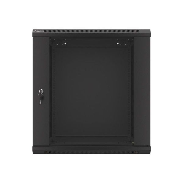 Lanberg WF01-6612-10B 19" 12U SZÉL:600mm MÉLY:600mm MAG:640mm lapraszerelt üvegajtós fekete fali rack szekrény