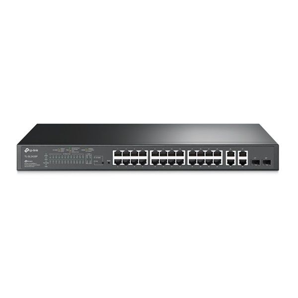 TP-Link TL-SL2428P JetStream 24x 10/100FE PoE+ LAN, 2xGbE RJ45/SFP Combo port menedzselhető PoE+ switch