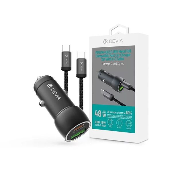 Devia ST112773 Extreme Speed Series 30W PD+QC USB+USB-C fekete autós töltő adapter + USB-C kábel