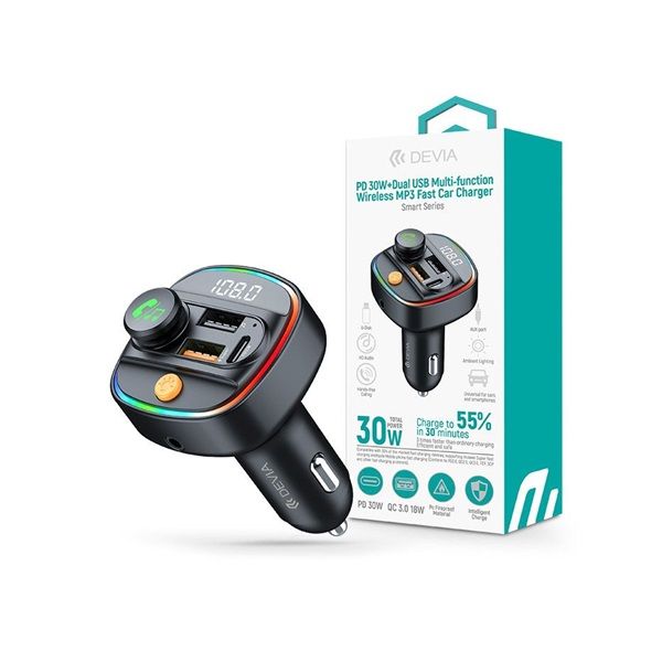Devia ST112513 Smart Series autós gyorstöltő 30W PD+QC 2xUSB/AUX/MP3 fekete Bluetooth FM-transmitter