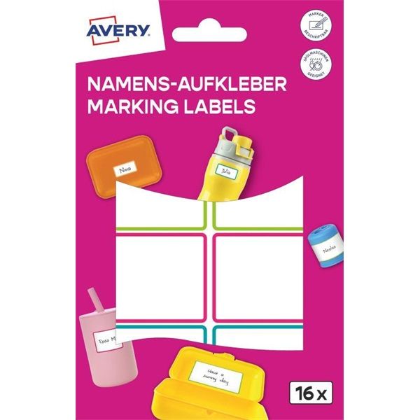 Avery NAME16C iskolai 46x33 mm 16 db öntapadós színes vízálló fólia