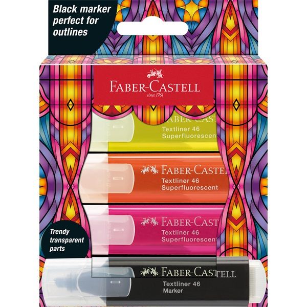 Faber-Castell Glassy 4 db-os neon+fekete szövegkiemelő készlet