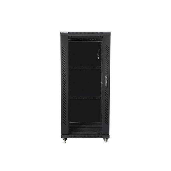 Lanberg FF01-6627-12B 19" 27U SZÉL:600mm MÉLY:600mm MAG:1381mm lapraszerelt üvegajtós fekete rack szekrény