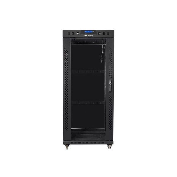 Lanberg FF01-6827-12BL 19" 27U SZÉL:600mm MÉLY:800mm MAG:1431mm lapraszerelt LCD üvegajtós fekete rack szekrény