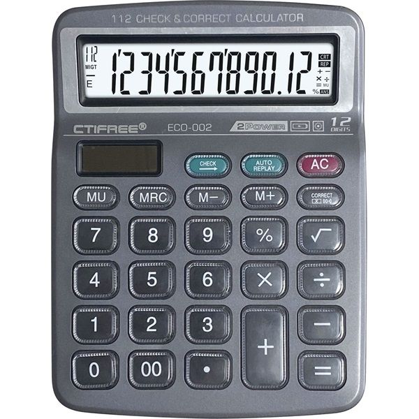 CTIFREE ECO-002 fekete számológép, 138x178mm, 12 számjegy, dual power, 2 év garancia