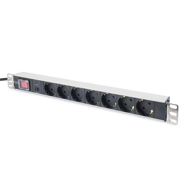 DIGITUS DN-95403 19" 1U PDU 250V 16A 7xCEE7/3 aljzat CEE7/7 csatlakozó kapcsolóval 2M elosztósor
