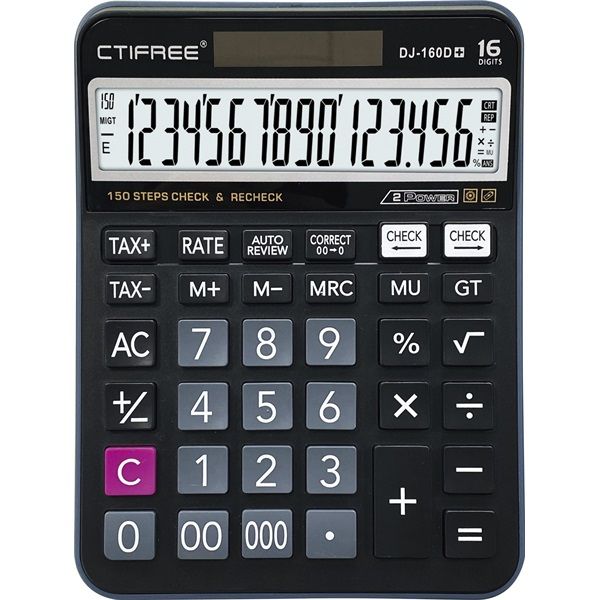 CTIFREE DJ-160Dplus fekete számológép, 145x190mm, 16 számjegy, TAX funkció, dual power, 2 év garancia