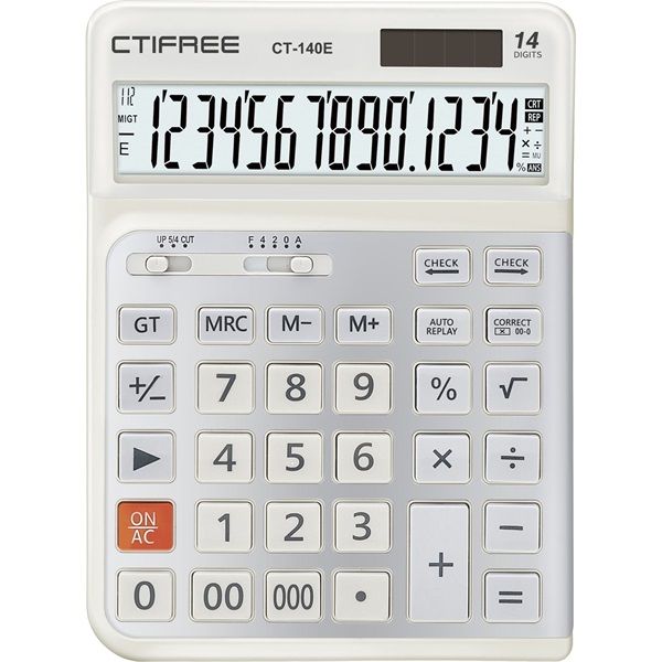 CTIFREE CT-140E fehér ergonómikus számológép, 145x198mm, 14 számjegy, dual power, 2 év garancia