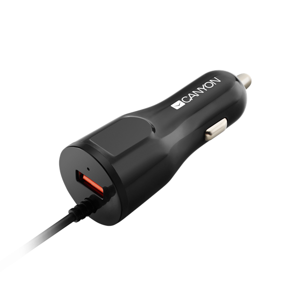 Canyon Autós Töltő, 1 portos, 1xUSB, 5V-2,4A, Beépített Lightning kábellel, fekete - CNE-CCA033B