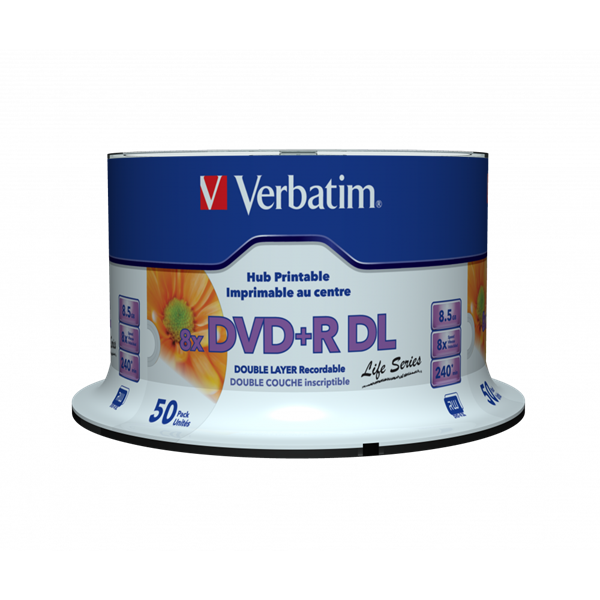 VERBATIM 97693 DVD+R 8,5GB/kétrétegű/8x/nyomtatható felület/egyszer írható DVD 50db/csomag