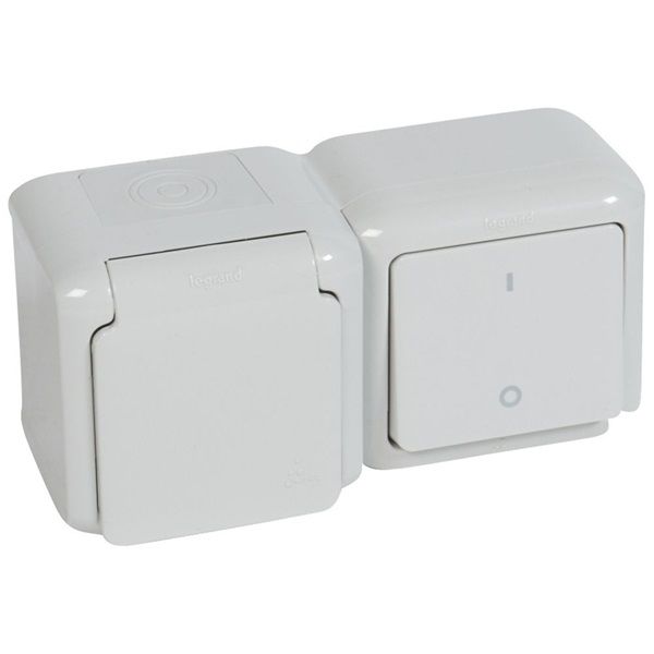 Legrand 782392 Forix csapófedéllel/gyermekvédelmi/szürke IP44 falon kívüli 2P kapcsoló + 2P+F csatlakozóaljzat