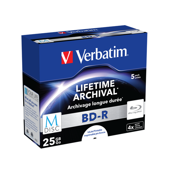 VERBATIM 43823 M-DISC BD-R 25GB/lifetime archival/4x/nyomtatható felület/egyszer írható Blu-Ray 5db/csomag