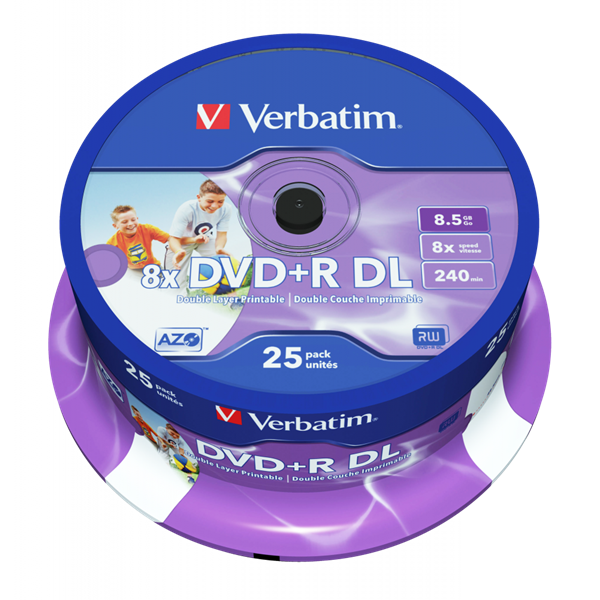 VERBATIM 43667 DVD+R 8,5GB/kétrétegű/8x/nyomtatható felület/egyszer írható DVD 25db/csomag