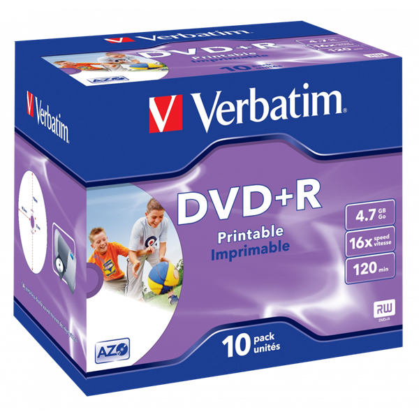 VERBATIM 43508 DVD+R 4.7GB egyszer írható DVD, 16x, 10db kiszerelés, nyomtatható felület